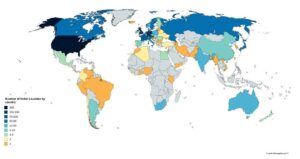 Map of the number of Nobel Prize winners by country