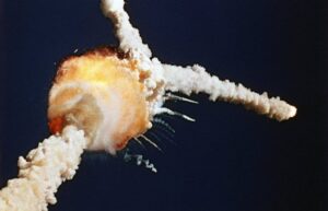 The moment of the Challenger space shuttle explosion in 1986