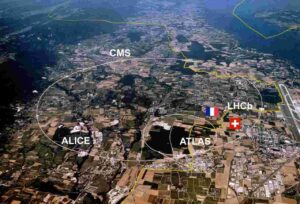 Aerial photo of the LHC Large Hadron Collider on the border of Switzerland and France