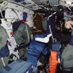 Some of the astronauts of the International Space Station while sleeping