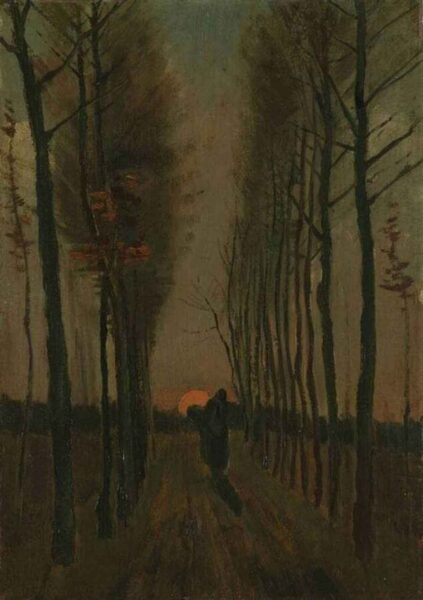 A line of fir trees at sunset, dated 1884