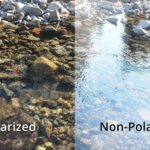 Two images of the water surface, the left image with a polarized lens and the right image with the naked eye