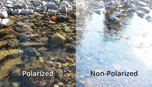 Two images of the water surface, the left image with a polarized lens and the right image with the naked eye