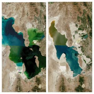 Images: Disappearance of Great Salt Lake, Utah, USA, left 1985, right 2022