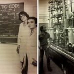 Left side of Genentech company scientists The image on the right is the equipment related to the manufacture of insulin