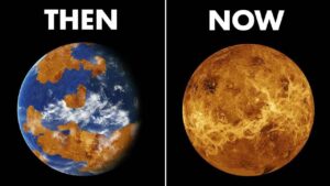 سمت چپ، سیارهی زهره در سه میلیارد سال قبل. تصویر سمت راست، سیارهی زهره در زمان حال.