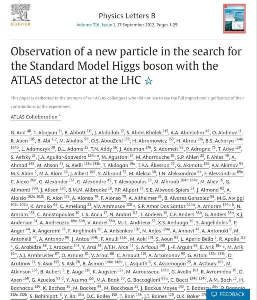 صفحهی نخست اولین مقالهی مربوط به کشف بزرگ ذرهی هیگز در ژورنال Physics Letters B